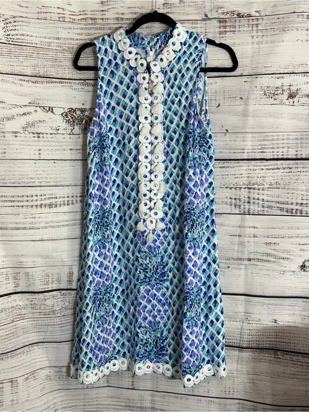 Lilly Pulitzer Dress Womens Sz 12 Jane Geo print Shift embroidered tassels Trim